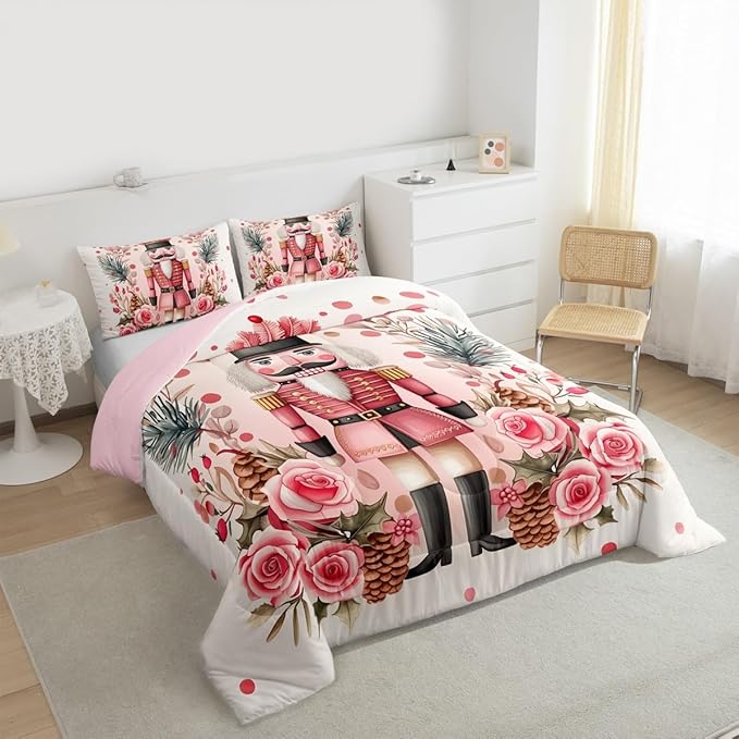 Feelyou Christmas Decor Nutcrackers Comforter Set All Season Pink Christmas Bedding Set with 2 Pillow Cases Funny Nutcracker Kids King Bedclothes Rose Decor Berries Duvet Quilt Soft Lightweight