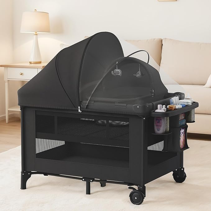 4-in-1 Baby Bassinet with Playard, Sleeper Nest, Changing Table, Mosquito Net & Canopy, Storage and Toys for Newborn to Toddler