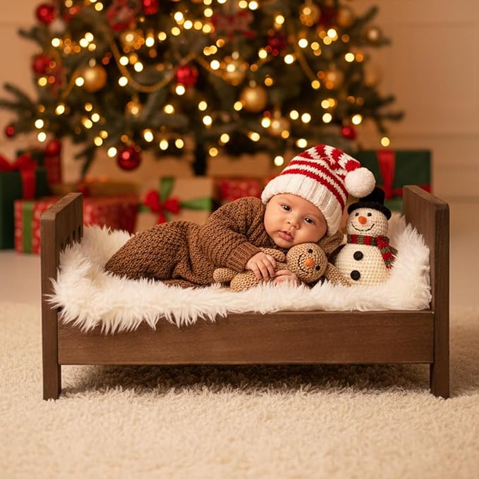 Newborn Photography Bed Props Brown Wooden Vintage Baby Photo Prop Baby Photoshoot Props for Studio Professional Photographers Newborn Photo Sessions Detachable Doll Bed