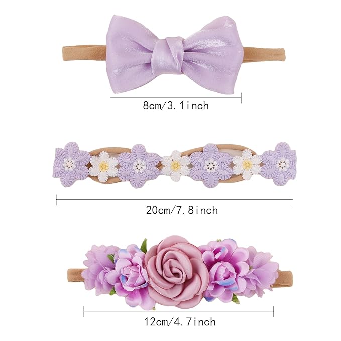 cherrboll Baby Girl Nylon Headbands, 3Pcs Handmade Floral Hair Bows, Stretchy Flower Hairbands for Newborns Infants Toddlers