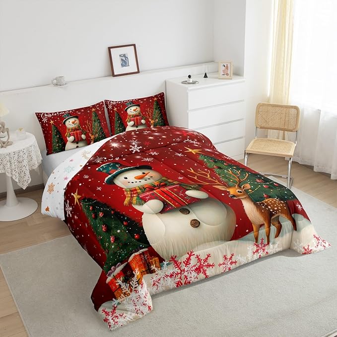 Manfei Merry Xmas Bedding Set Queen Size,Cute Deer Snownman Comforter Set Kids Boys Girls Room Decor,Christmas Tree Gift Quilt Set Soft Duvet Insert 3pcs with 2 Pillowcases