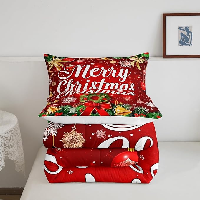 Christmas Wreath Bedding Set Full Size,Red Bowkont Gold Bell Comforter Set for Kids Boys Girls Room Decor,Snowflake Merry Christmas Duvet Insert 3Pcs,Green Leaves Xmas Theme Quilt Set,2 Pillowcases