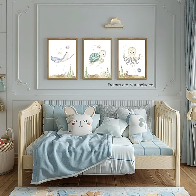 Wodkwq Ocean Nursery Decor,Nursery Wall Decor,Kids Bathroom Decor,Under The Sea,Boys Room Sea Animal Wall Art Picture Canvas Prints Set of 3,Bedroom 16x24 Inch Framed