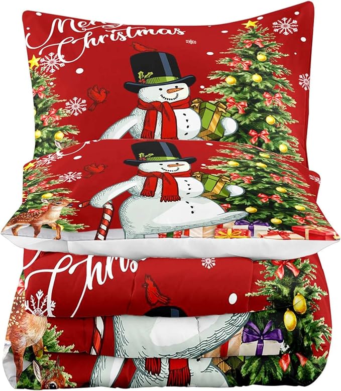 LUVIVIHOME 3PCS Merry Christmas Comforter Set Full Size, Boys Girls Kids Bedding, Cartoon Funny Cute Snowman Deer Elk Cardinal Snowflake Xmas Tree Christmas Bedroom Decor, Red Quilt, 2 Pillow Shams