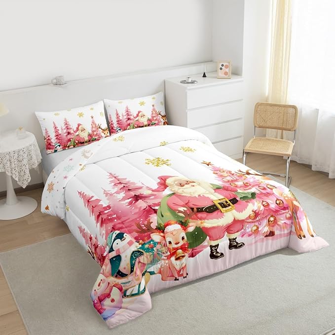 jejeloiu Merry Christmas Comforter Set Full Size Santa Claus Bedding Set for Kids Boys Girls Cute Deer Duvet Quilt White Bedroom Decor