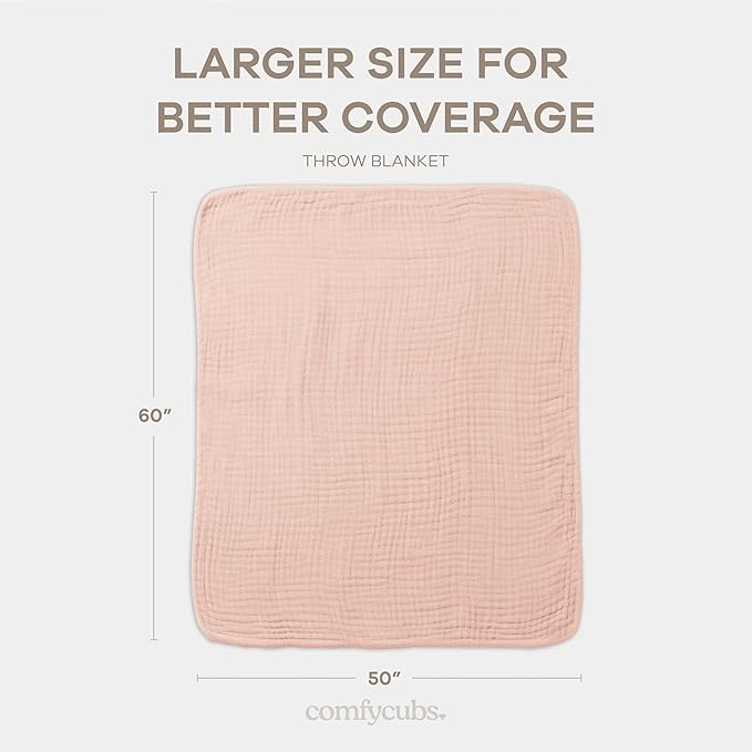 Comfy Cubs Muslin Throw Blanket - 50” x 60” Quilted Design - Lightweight, Breathable 6-Layer Gauze Fabric - Soft Cotton Blanket for Home or Travel - Packaged in Elegant Gift Box - Blush