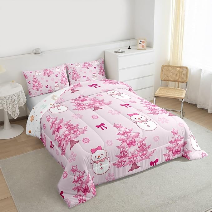 Feelyou Merry Christmas Bedding Set Soft for Boys Girls, Cute Snowman Comforter Set Queen Size Cartoon Bowknot Duvet Quilt Microfiber Christmas Tree 3 Pcs with 2 Pillow Cases