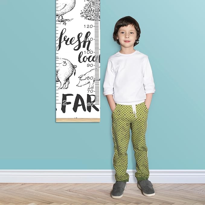 Personalized Kids Name Growth Chart Ruler for Wall Wood Frame Height Measure Chart 13.4x56 in Linen Hanging Height Growth Chart Farm Animal Cow Pig Rooster Kids Room Decor