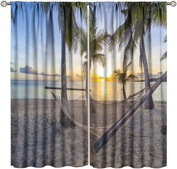 Ocean Beach Curtains,Morning Sunrise Hawaiian Seaside Scene Pattern Blackout Print Home Bedroom Living Room Window Treatments 2 Panel Set 42x54 Inch