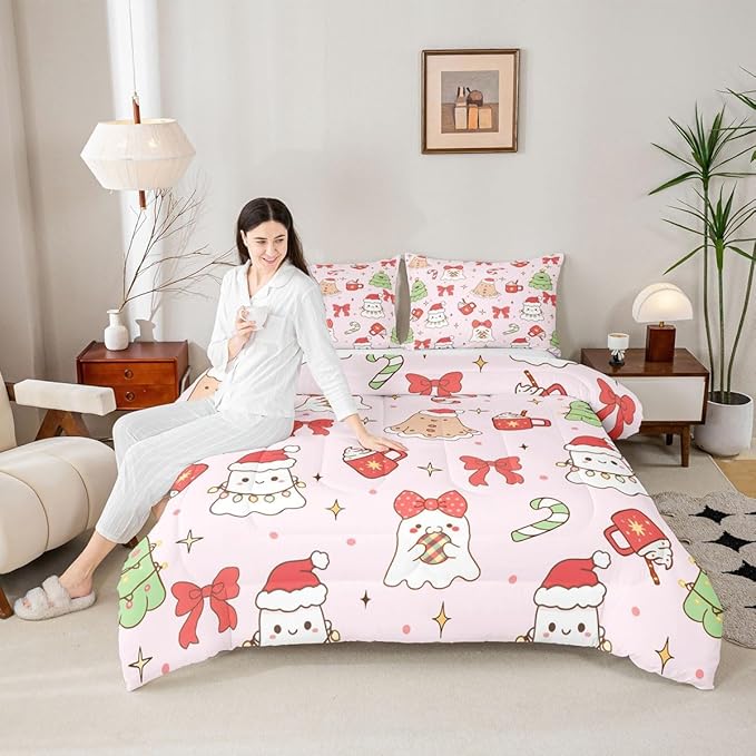 Feelyou Christmas Bedding Set Soft for Boys Girls, Cute Bow Comforter Set Toddler Size Cute Ghost Duvet Quilt Microfiber Coquette Bow Knot Bedroom Decor Candy Print 2 Pcs with 1 Pillow Cases