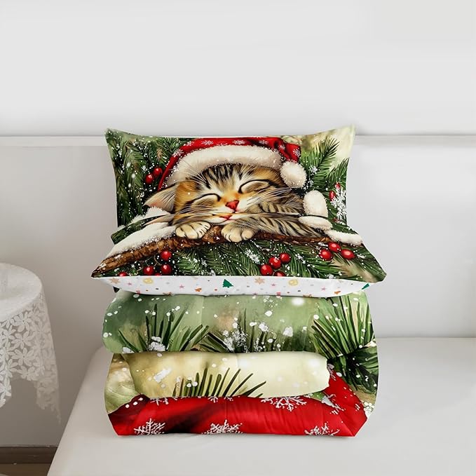 Xmas Cat Kids Bedding Set Queen Size,Snowflake Holly Berries Winter Comforter Set,Merry Christmas Poinsettia Animal Quilt Comforter,Green Yellow Bedroom Duvet Insert,2 Pillowcases