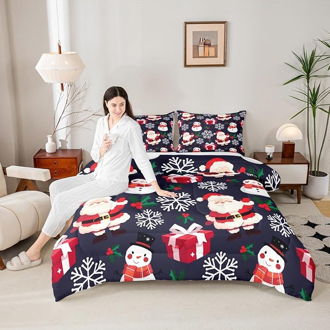 jejeloiu Merry Christmas Comforter Set Full Size Xmas Santa Claus Bedding Set for Kids Boys Girls Cute Snowman Duvet Quilt Dark Blue Bedroom Decor