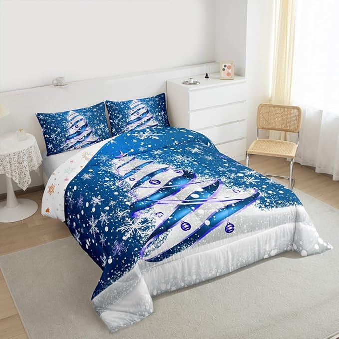 Feelyou Merry Christmas Kids Comforter Set Queen Size Christmas Tree Bedding Set Snowflake Duvet Quilt for Kids Boys Girls Bedroom Winter Decor Microfiber Ultra Soft Breathable