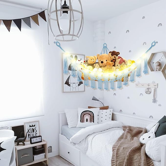 Stuffed Animal Hammock with LED Light, Large Stuffed Animals Storage Corner Plushie Net for Kids Room Decor, Baby Blue