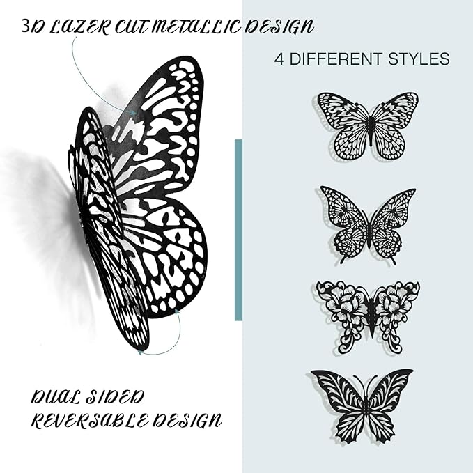 3D Butterfly Wall Decor 3 Sizes 4 Styles Butterfly Party Decorations Cake Decorations Removable Stickers Wall Halloween Decor Room Mural Metallic Kids (Black, 48Pcs)
