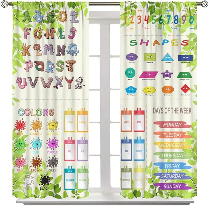 Kids Alphabet Curtain Cartoon Animal Nursery Rustic Leaves Plant Funny School Education Learning Tools Printed Rod Pocket Blackout Window Drapes for Bedroom Living Room 52" W X 84" L