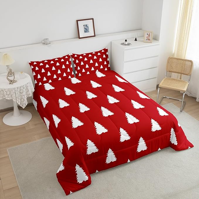 Feelyou Red Christmas Trees Bedding Set for Kids Boys Girls Queen Size Xmas Comforter Set Ultra Soft Winter Comforter Holiday Decor Duvet Quilt Bedroom Decor Christmas Ornaments Quilt