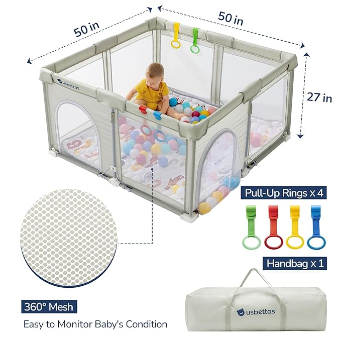 Foldable Baby Playpen,Portable Playpen for Babies and Toddler,50 * 50 Inch Kids Travel Play Pen with 4 Handlers,Carry Bag,Baby Play Yard for Indoor&Outdoor,Beige