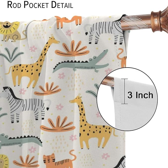 Wild Animals Curtains, Cute Cartoon Animals Zoo with Lion Zebra Crocodile Cat and Giraffe Tropical Jungle Plant Print Window Treatments for Kids Boys Girls Bedroom Living Room 72x63in