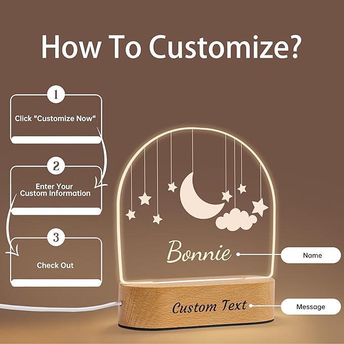 Personalized Baby Gifts for Kids, Custom LED Name Lamp, Moon and Star Acrylic Plaque Night Light, Perfect Christmas Newborn Baby Shower Gifts for Boys Girls Bedroom Nursery Decor