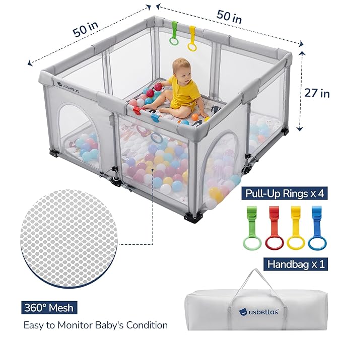 Foldable Baby Playpen,Portable Playpen for Babies and Toddler,50 * 50 Inch Kids Travel Play Pen with 4 Handlers,Carry Bag,Lighgtweight Baby Play Yard for Indoor&Outdoor,Light Gray