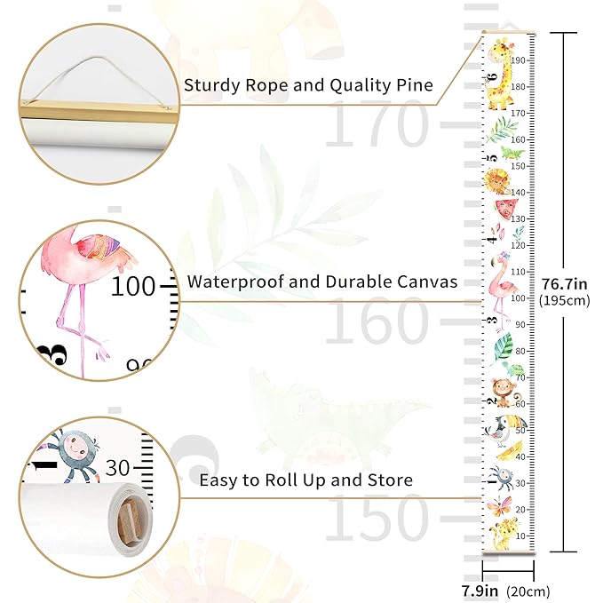 Personalized Growth Chart for Kids, Baby Height Chart with Custom Name, 77"x7.9" Canvas and Beige Wood Height Measuring Rulers for Boys Girls Removable Wall Ruler Hanging for Nursery Decor - Animals