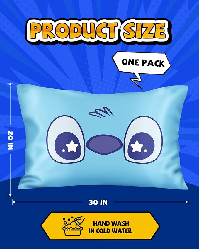 Silk Pillowcase for Kids - 30 x 20 Inches Queen Size Mulberry Silk Pillow Case with Zipper Cute Cartoon Kawaii Teens Girls Boys Pillowcase for Hair and Skin, Blue Eye