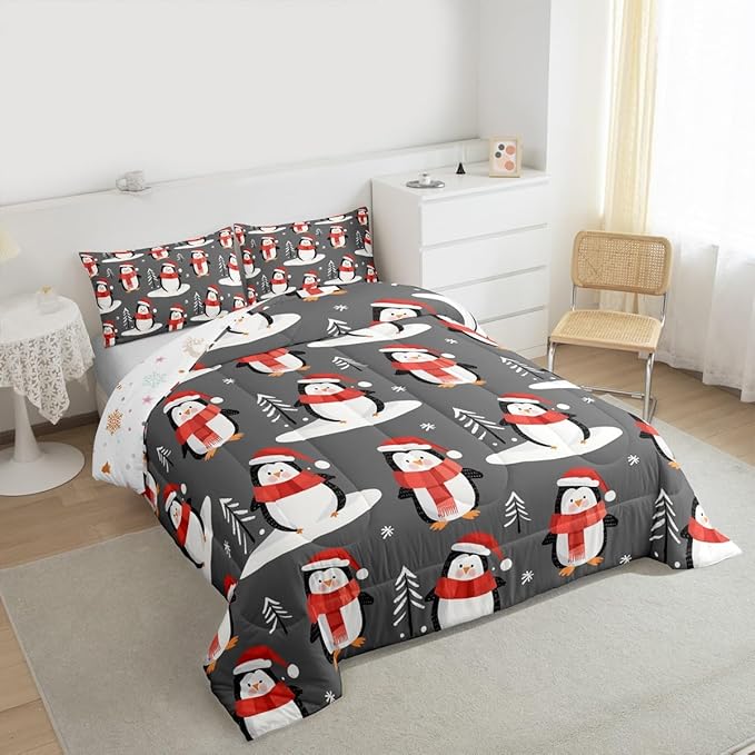 Feelyou Christmas Comforter Set All Season Penguin Bedding Set with 2 Pillow Cases Snowflake Microfiber Kids Queen Bedclothes Pine Tree Bedroom Decor Duvet Quilt Breathable Soft Lightweight