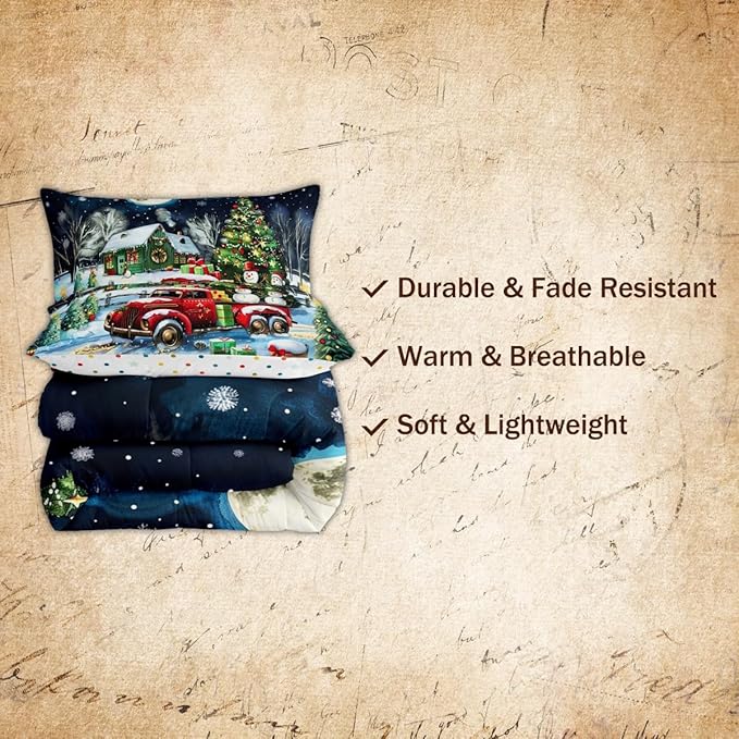 Rustic Farmhouse Xmas Bedding Set Full Size,Retro Red Truck Snowman Comforter Set for Kids Boys Girls Room Decor,Snowflake Cabin Christmas Tree Duvet Insert 3Pcs,Xmas Theme Quilt Set,2 Pillowcases