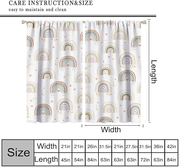 Kids Rainbow Curtains Boho Cartoon Colorful Stars Love Heart Lovely Abstract Art Pattern Print Window Drapes for Girl Bedroom Living Room Kitchen Decor,2 Panel Set,72Wx63H Inch Blackout
