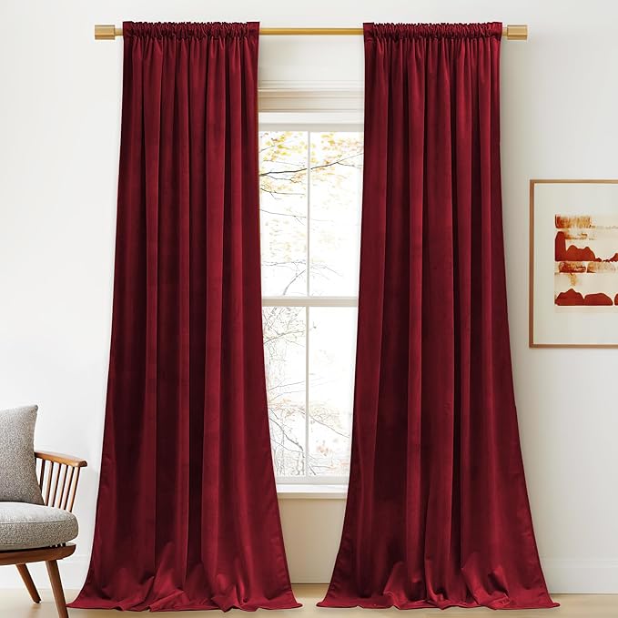 StangH Red Velvet Curtains 52x105 inches Long for Living Room, Thermal Insulated Room Darkening Drapes for Bedroom Home Theater, Christmas Decor Back Tab, 2 Panels