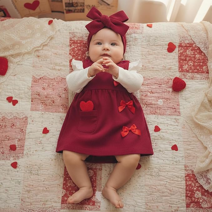FIOMVA My First Valentines Day Outfit Clothes Baby Girl Romper Love Onesie Heart Embroidery Overalls Suspender Dress Set