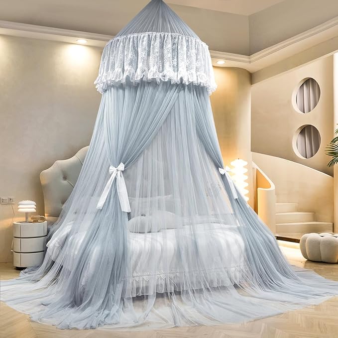 AIKASY Princess Bed Canopy for Girls – Double Layer Sheer Mesh Dome with Romantic Lace Trim, Dreamy Mosquito Net Tent for Twin/Full/Queen/King Beds(Lightgrey)