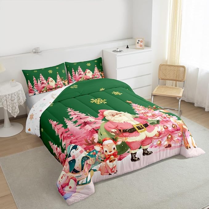 jejeloiu Merry Christmas Comforter Set Full Size Santa Claus Bedding Set for Kids Boys Girls Cute Deer Duvet Quilt Green Bedroom Decor