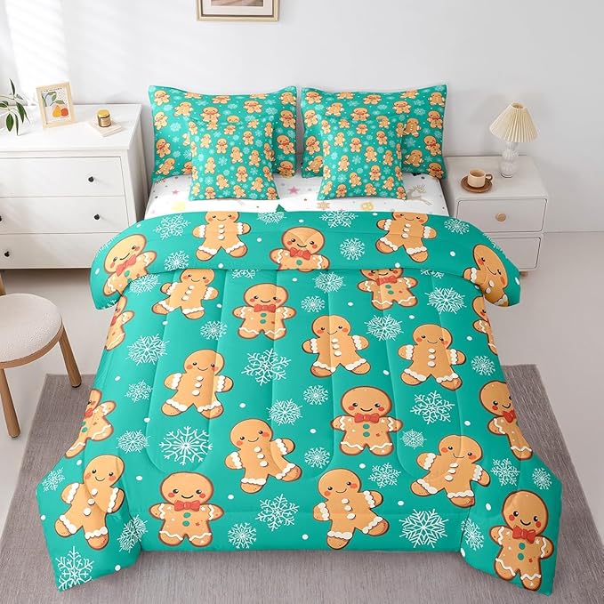 Erosebridal Christmas Gingerbread King Bedding Set 7 Piece,Cute Gingerbread Man Bed in A Bag for Kids,Xmas Snowflake Comforter Set Kawaii Christmas Sheet Set with Comforter,Green Christmas Decoration