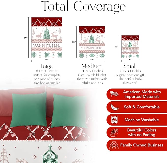 Personalized Christmas Stitch Style Blanket - Ships Next Day from USA - Fleece or Sherpa, Soft Sofa Throw, Customizable Family Throws, Holiday Home Decor, Cozy Christmas Bedding (Sherpa 60x80)