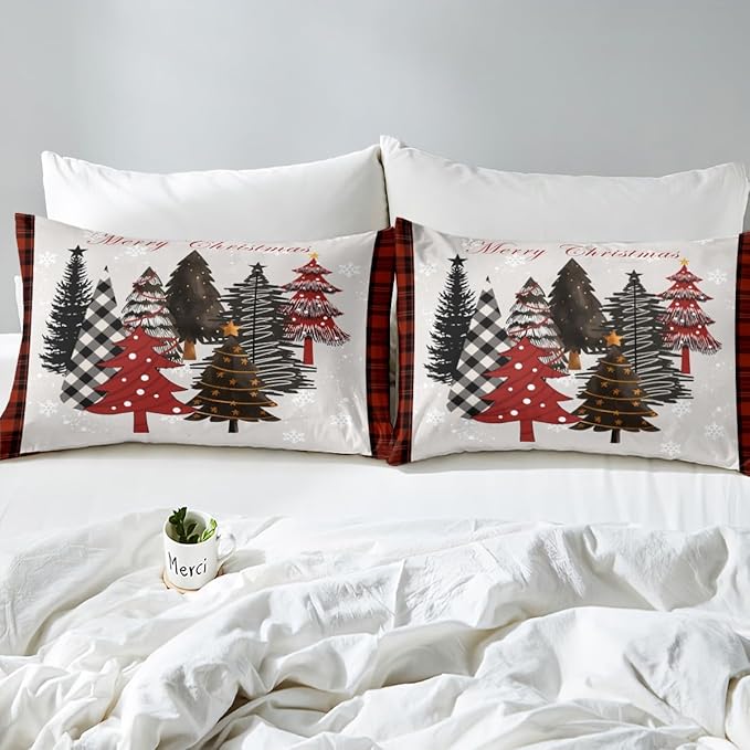 Merry Christmas Duvet Cover Set Twin Size,Xmas Tree Winter Snowflake Cabin Rustic Bedding Set,Boys Girls Room Decor,Geometric Grids Patch Comforter Cover,Grey Quilt Cover,1 Pillowcase,No Comforter
