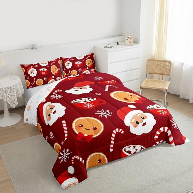 Feelyou Merry Christmas Comforter Set Toddler Size Santa Claus Bedding Set for Kids Boys Girls Gingerbread Man Duvet Quilt Snowflake Bedroom Decor Microfiber 2 Pcs with 1 Pillow Cases