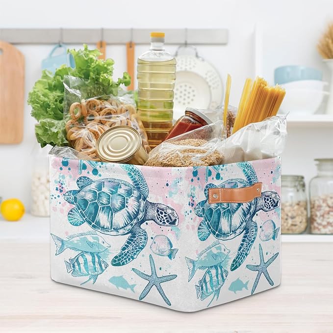 Sea Turtle Starfish Storage Basket for Shelves, Storage Bins with Handles, Collapsible Basket for Organizing, Closet Toy Baskets for Nursery Room, 15x11x9.5 in, Canvas, Ocean Tropical Fish