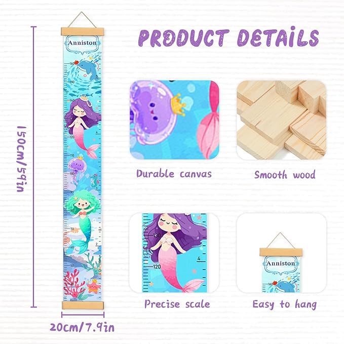 Personalized Name Height Chart for Kids, Kids Growth Chart for Wall, 59" X 7.9" Canvas Removable Height Chart Measuring Ruler for Kids & Baby(Painted Ocean）