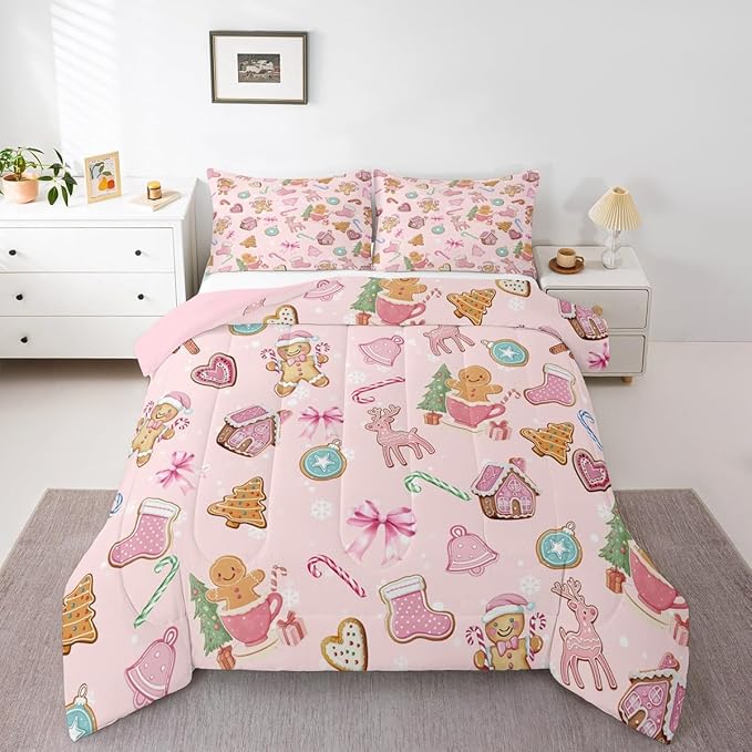 Merry Christmas Kid Comforter Set Full Size,Gingerbread Man Elk Deer Bowknot Bedding Set,Room Decor,Cute Girly Bow Tie Xmas Tree Quilt Comforter,Pink Colorful Duvet Set Bedroom Quilt Set,2 Pillowcases