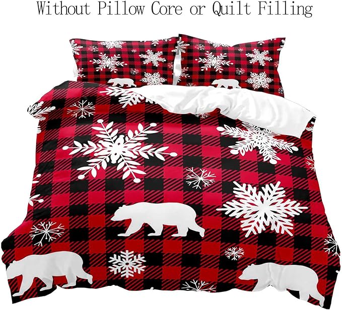 LUVIVIHOME 3PCS Christmas Duvet Cover King Bedding Set, White Snowflake Bear Woodland Animals Cabin Lodge Holiday New Year Xmas Checkered Black Red Buffalo Plaid Comforter Quilt Cover, 2 Pillow Cases