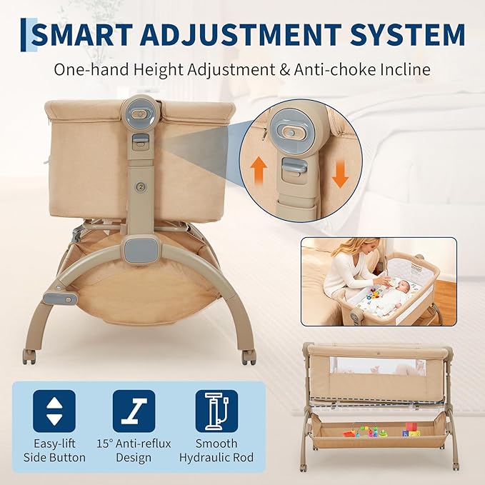 Bedside Bassinet Baby Bassinet for Baby, 3 in 1 Bedside Sleeper with Baby Co-Sleeper Travel Crib with Detachable Mosquito Net & Storage Basket | Adjustable Height, Wheels Included (Khaki)