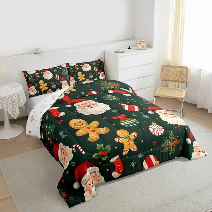 Feelyou Christmas Bedding Set Soft for Boys Girls, Santa Xmas Tree Comforter Set Queen Size Gingerbread Man Duvet Quilt Microfiber Snowflake Stockings Bedroom Decor 3 Pcs with 2 Pillow Cases