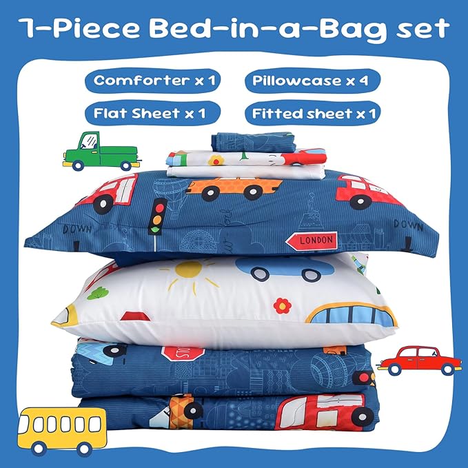 Wajade Cartoon Cars Comforter Set Bed in A Bag Twin Size Colorful Cars Bus Van Traffic Lights Bedding Set for Boys Kids (1 Comforter, 1 Flat Sheet, 1 Fitted Sheet, 2 Pillowcase and 2 Pillow Sham)
