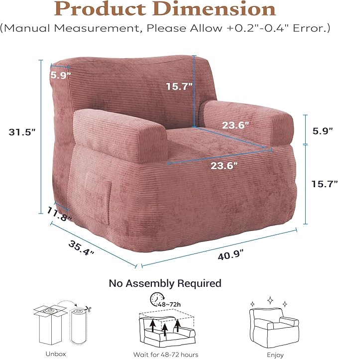 Giant Bean Bag Chair for Adults, Plush Big Bean Bag Lounger Chair with Shredded Foam Filling, Oversized Comfy Floor Sofa Couch with Side Pocket for Bedroom Living Room, Pink