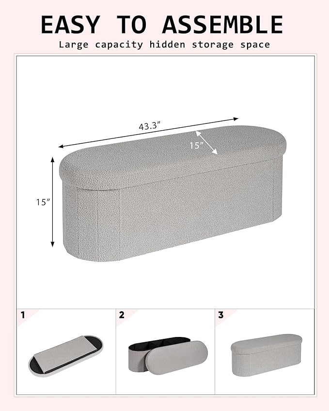 Storage Ottoman Bench, 43.3" Oval Upholstered Ottoman Foot Rest Foldable Boucle End of Bed Storage Bench for Living Room, Entryway, Grey