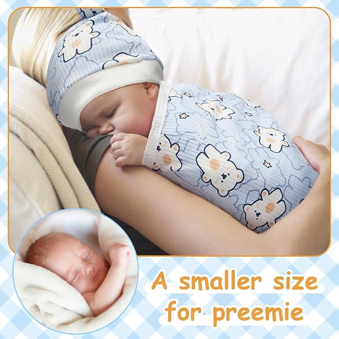 Ramede 6 Pack Preemie Swaddle Blanket with Hats Sleep Swaddle for Baby Boy Girl Preemie Newborn Sacks Soft Cotton Wearable(Planet,Blue)