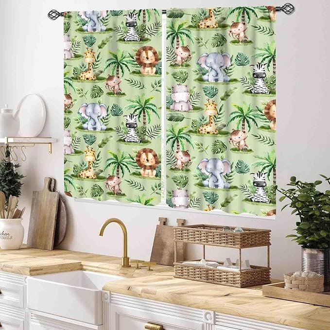 Jungle Safari Animals Curtains, Cartoon Animals Lion Giraffe Elephant Woodland Tropical Leaf Green Window Drapery for Kids Boys Girls Baby Living Room Bedroom Nursery 2 Panels, 55x39 Inch