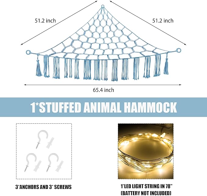 Stuffed Animal Hammock with LED Light, Large Stuffed Animals Storage Corner Plushie Net for Kids Room Decor, Jumbo Baby Blue
